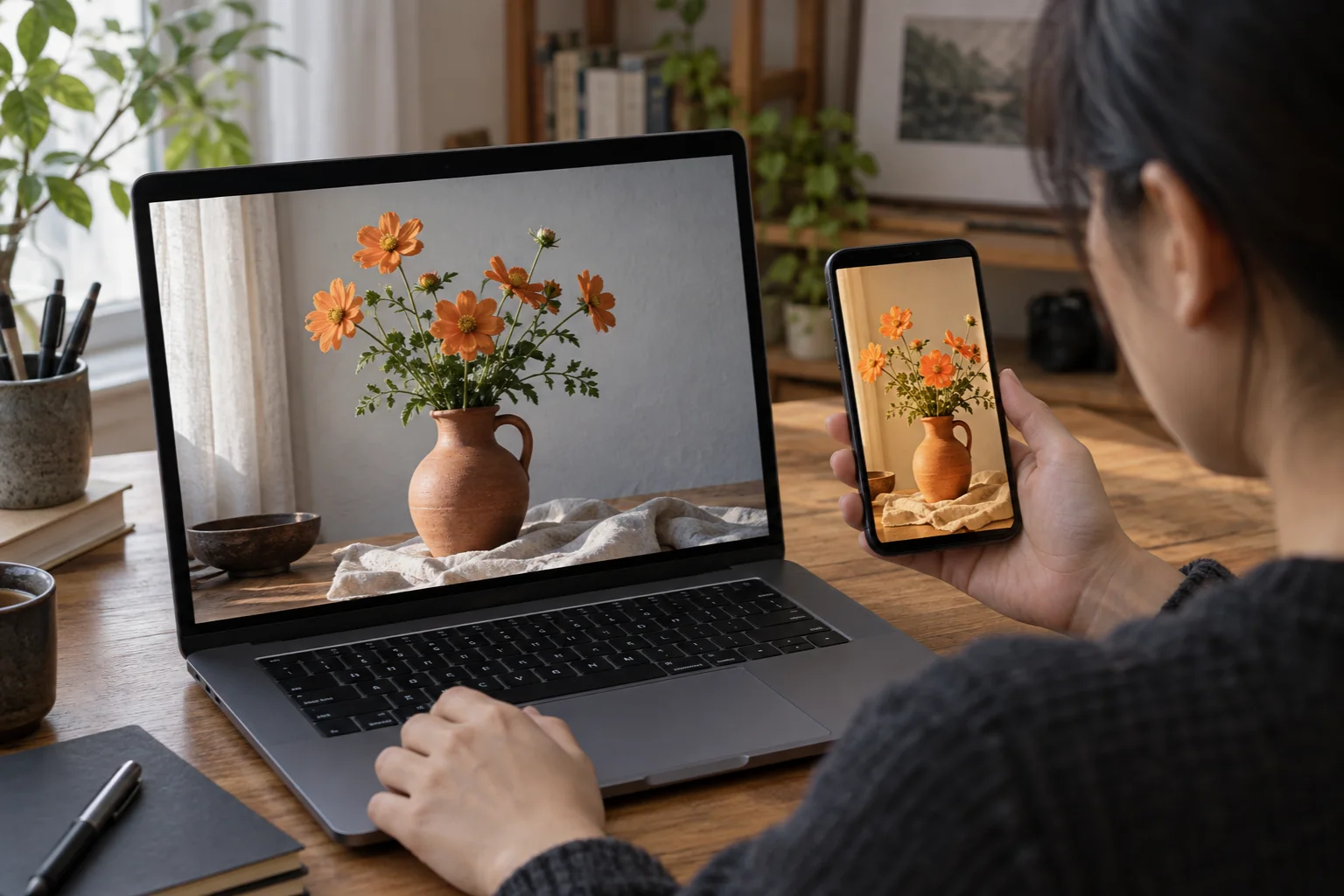 Người so màu một bình hoa trên màn hình máy tính và điện thoại