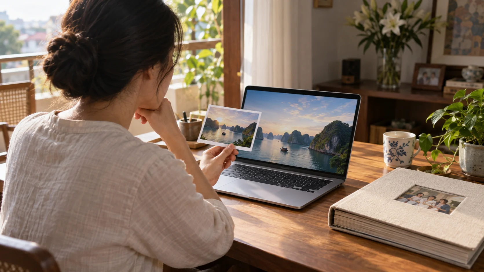 Người dùng chọn bản in phong cảnh bên máy tính, tách khỏi cuốn ảnh gia đình đang đóng