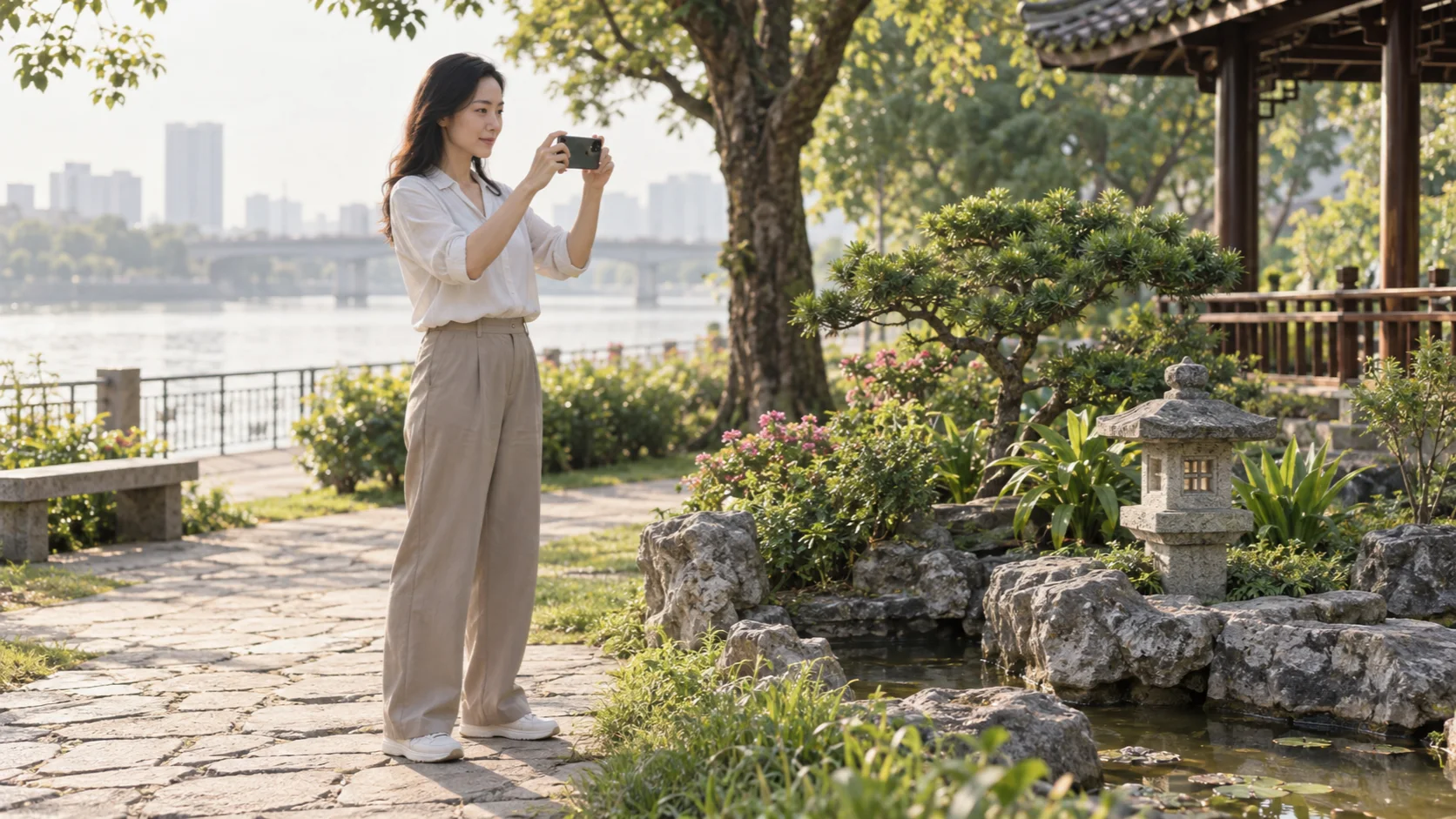 Người phụ nữ đứng giữa vườn, hai tay giữ điện thoại để chụp ảnh