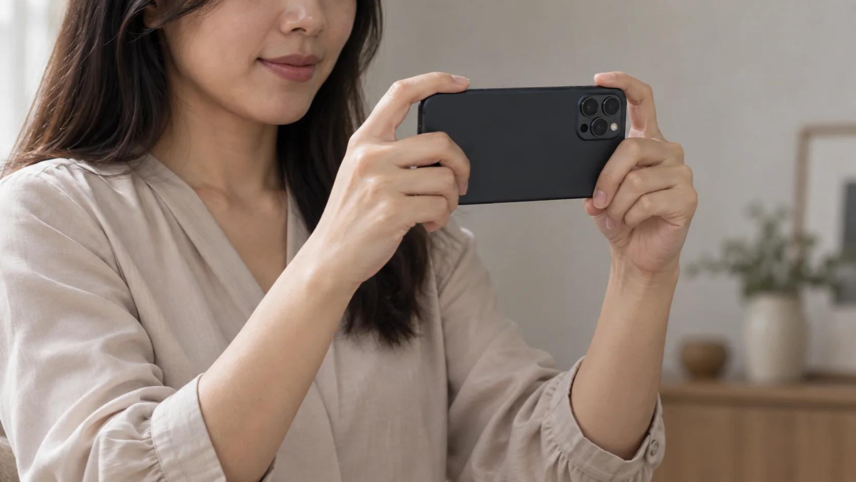 Hai tay đỡ hai cạnh điện thoại, ngón tay nằm ngoài cụm camera