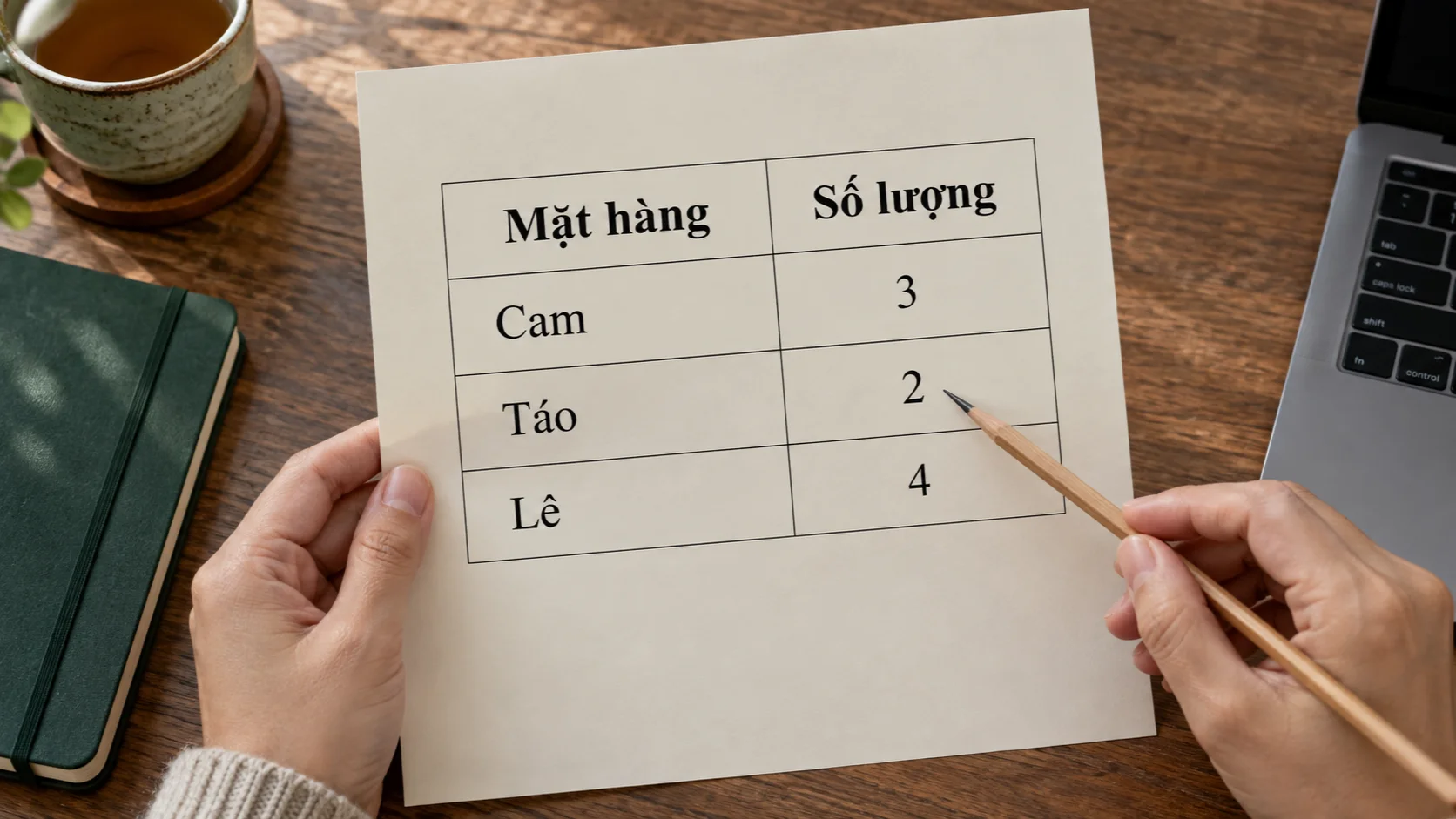 Bảng giấy hai cột mặt hàng và số lượng, bút chì chỉ vào một hàng