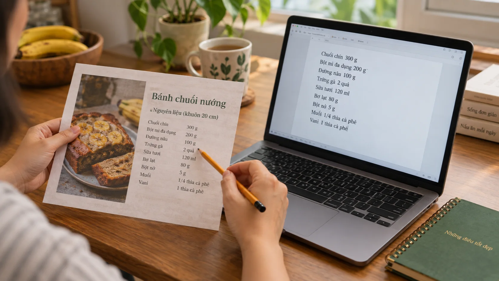 Người dùng đối chiếu bảng nguyên liệu trên giấy với văn bản trên màn hình máy tính