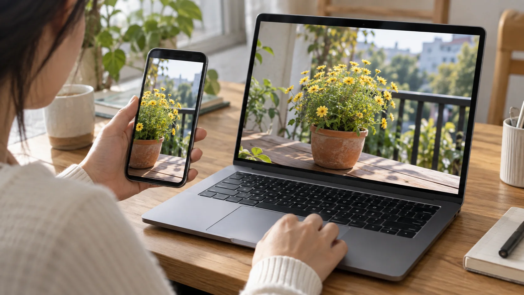 Người dùng xem cùng ảnh chậu hoa vàng trên điện thoại và laptop