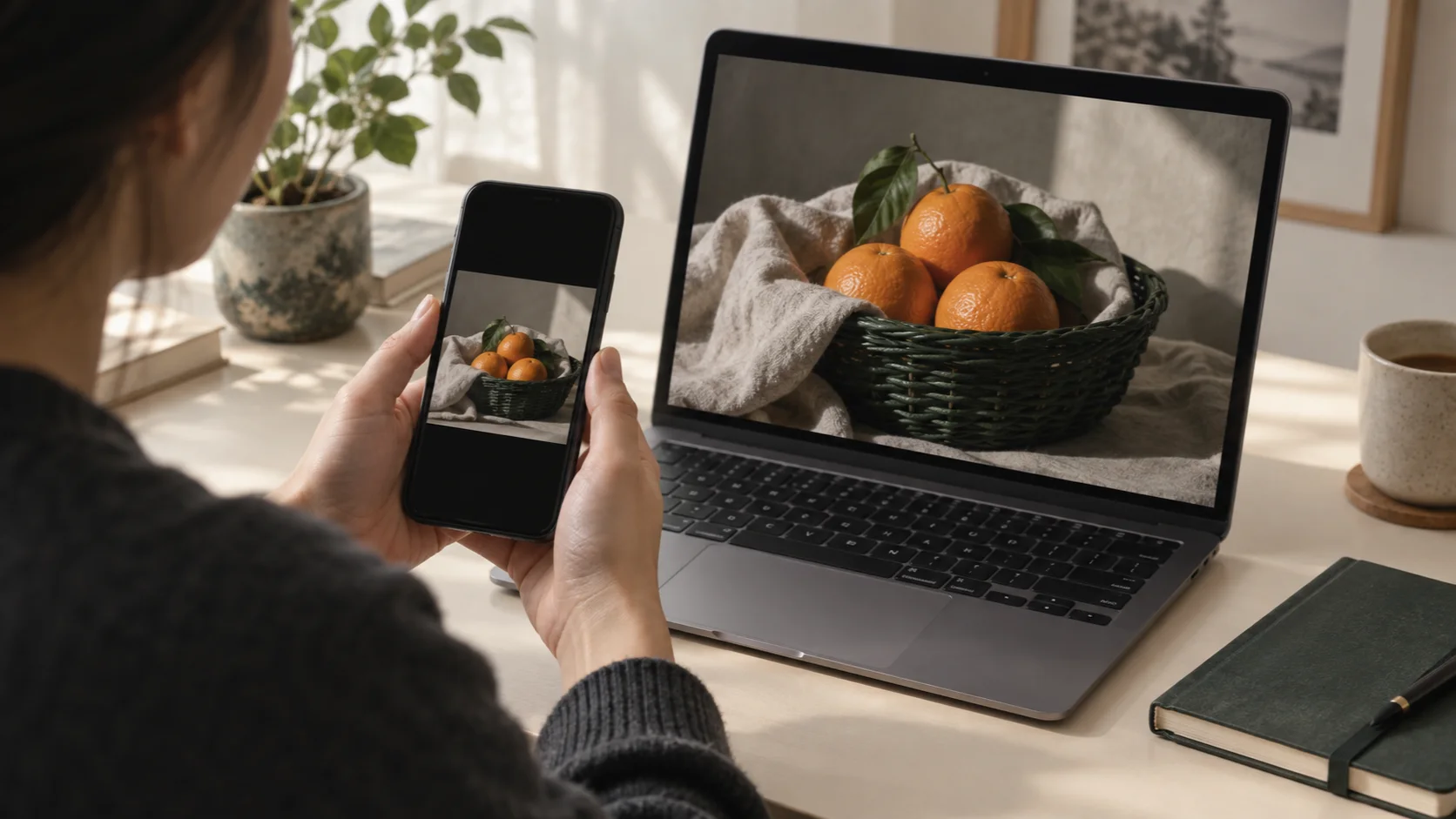 Điện thoại và laptop cùng hiện ảnh giỏ cam ở hai cỡ màn hình