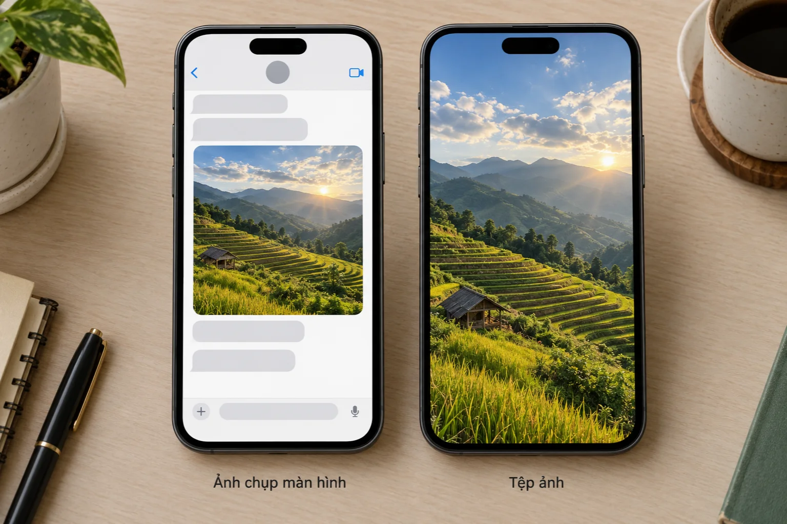 Ảnh chụp màn hình một cuộc trò chuyện đặt cạnh tệp ảnh phong cảnh riêng