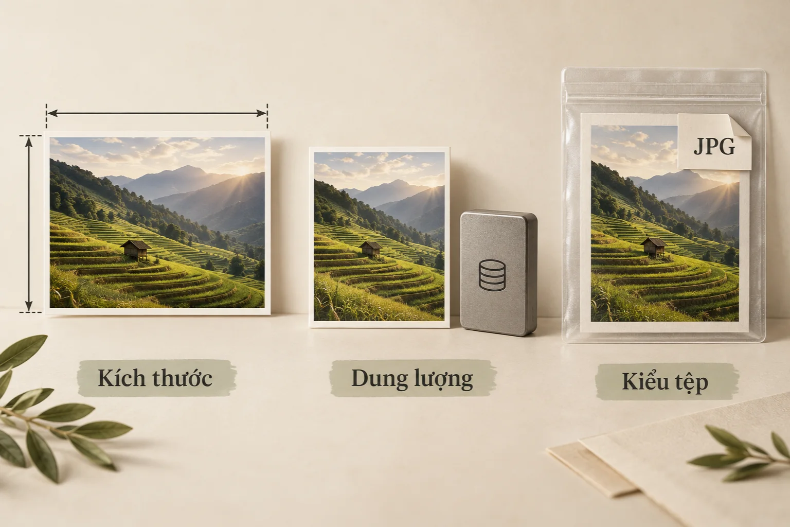 Ba nhóm minh họa kích thước, dung lượng và kiểu tệp của ảnh phong cảnh