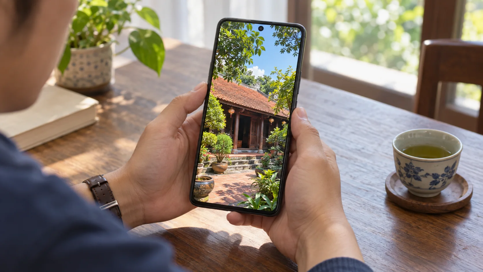 Người cầm điện thoại xem ảnh ngôi nhà và khu vườn bên bàn gỗ