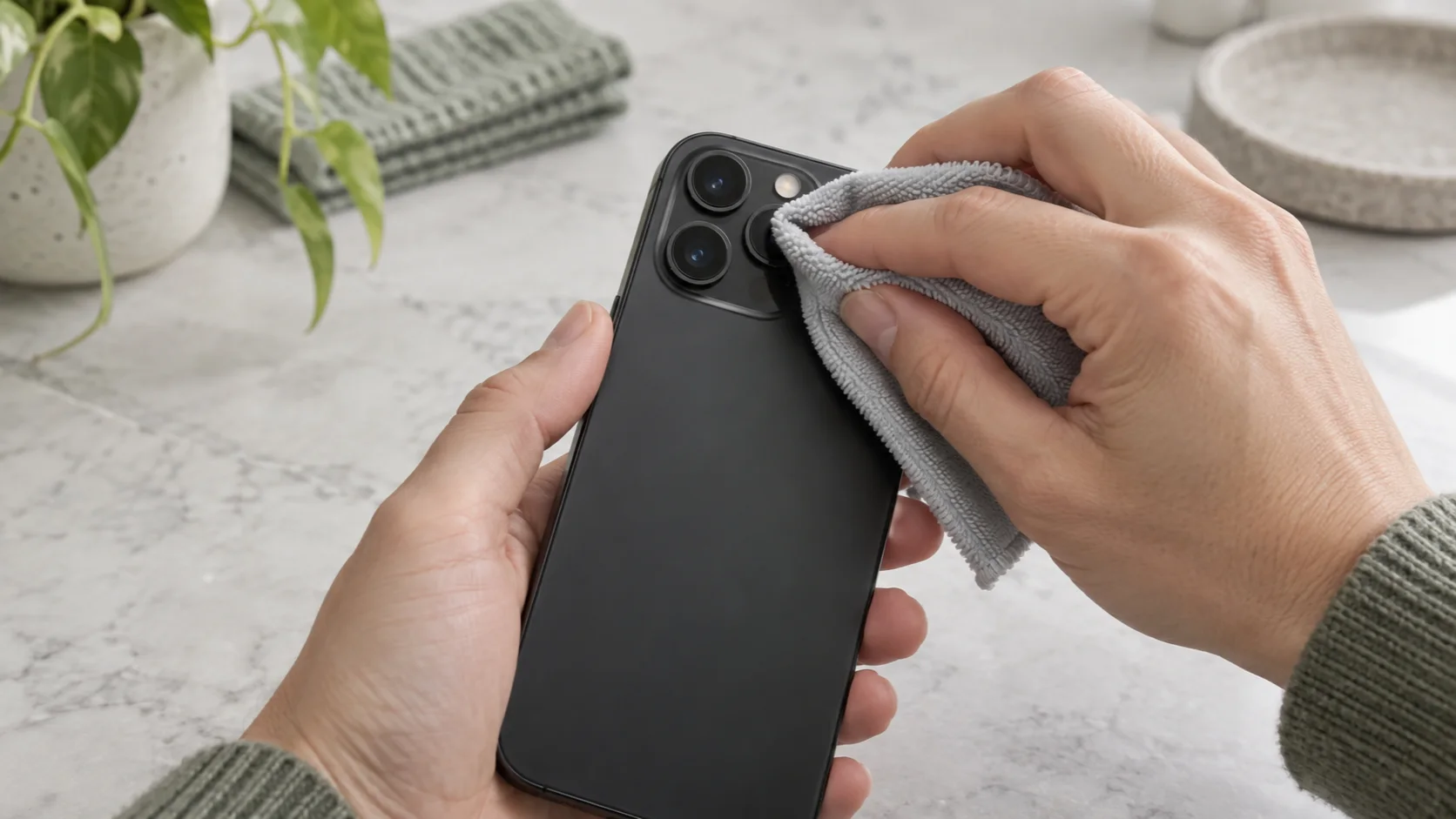 Bàn tay dùng khăn mềm lau nhẹ kính camera sau của điện thoại