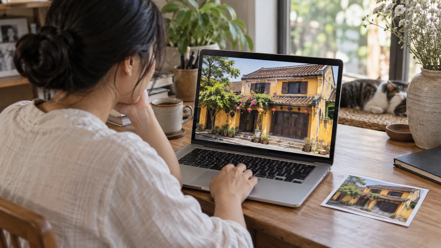 Người xem ảnh ngôi nhà tường vàng trên máy tính xách tay cạnh bản in
