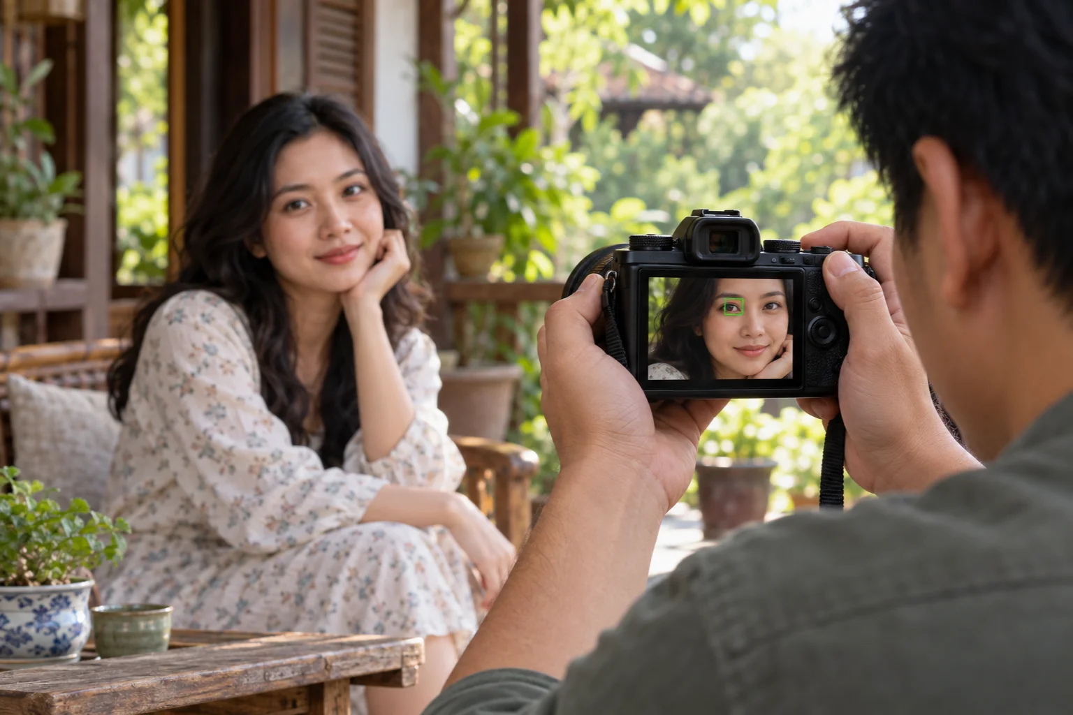 Khung nét xanh đặt trên mắt người mẫu trong màn hình máy ảnh