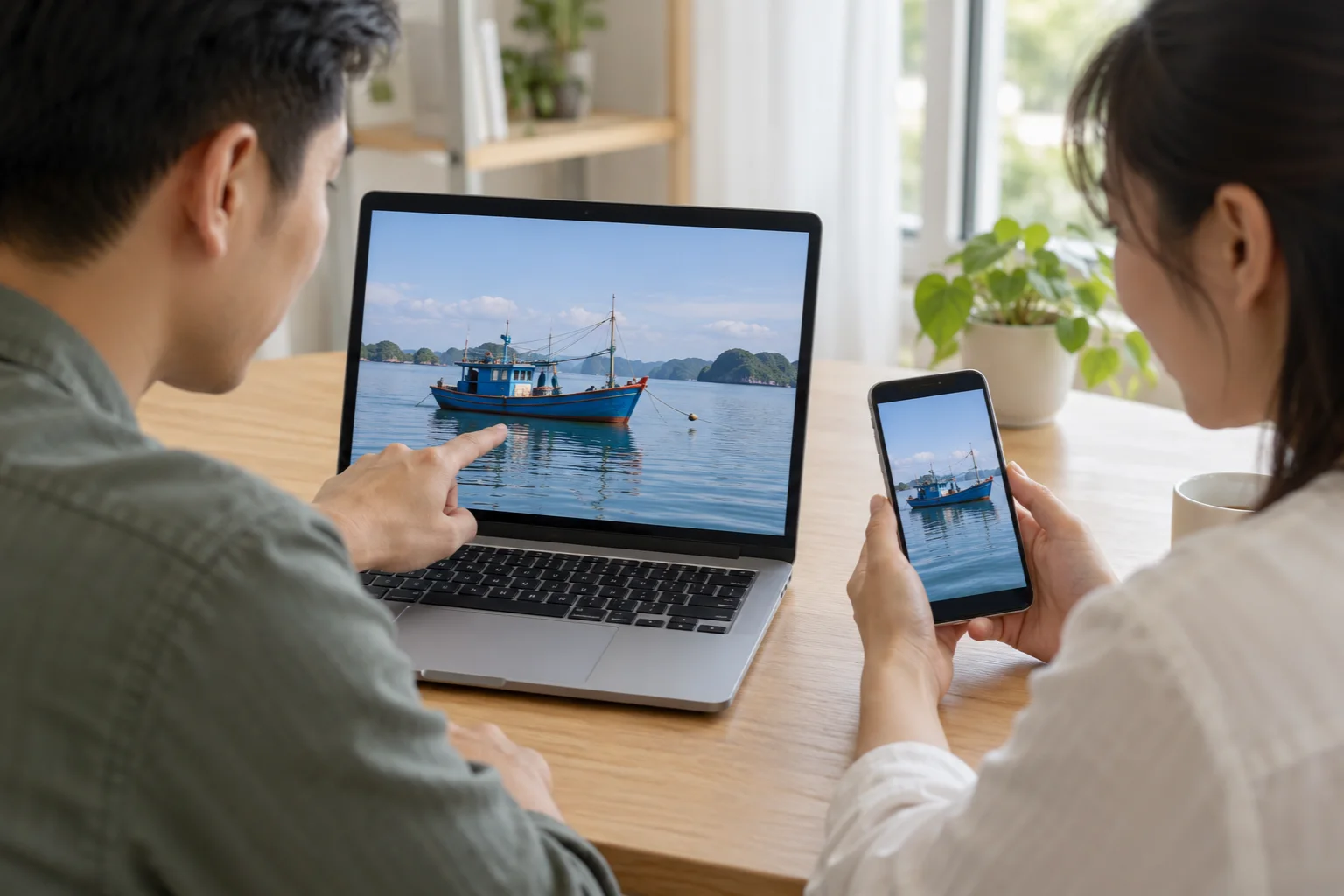 Hai người cùng xem ảnh thuyền trên laptop và điện thoại