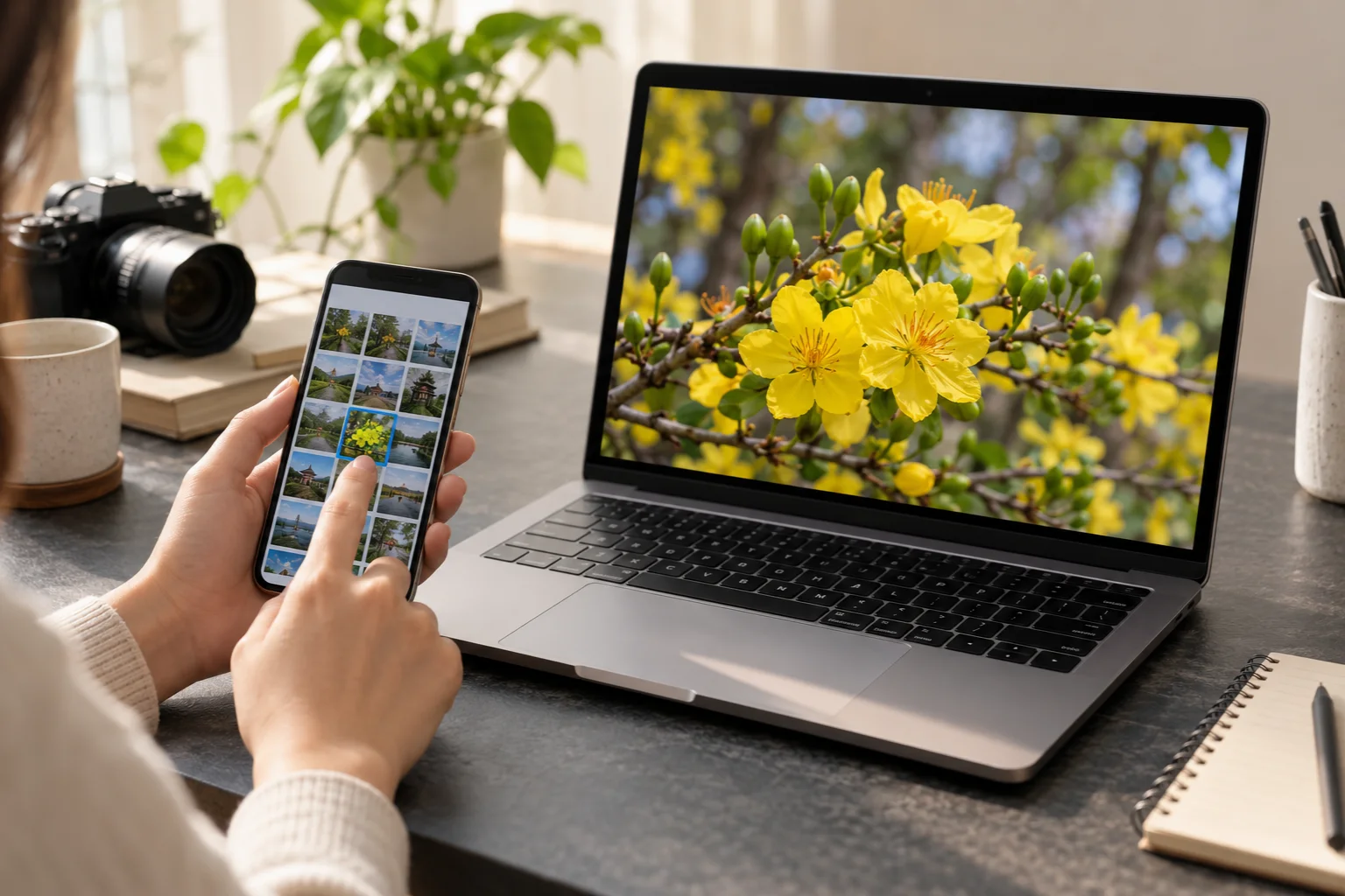 Chọn ảnh hoa mai trên điện thoại, laptop bên cạnh hiện bản lớn của ảnh