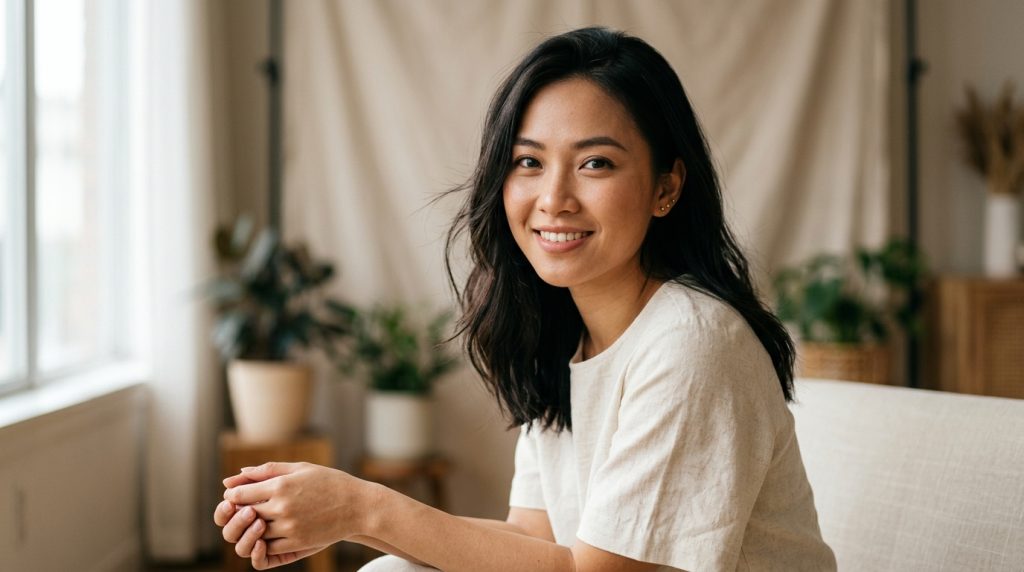 Chân dung người phụ nữ cười, ánh sáng mềm trong phòng