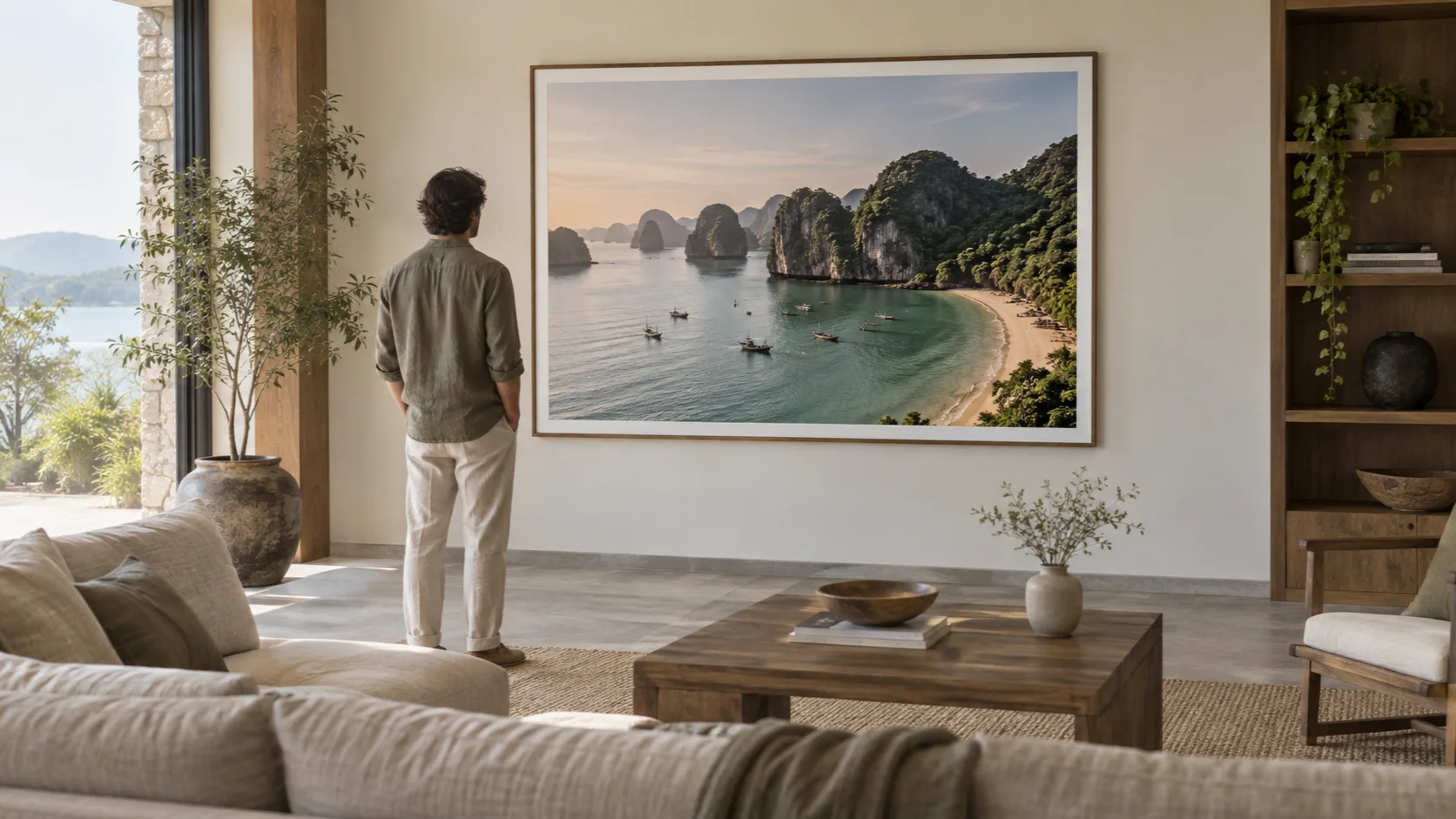 Một người đứng cách bức ảnh phong cảnh treo tường để xem toàn cảnh