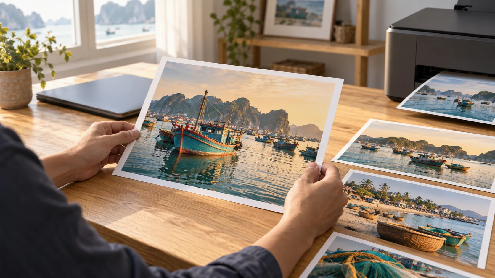 Bản in phong cảnh cầm trên tay cạnh máy in và các bản in khác