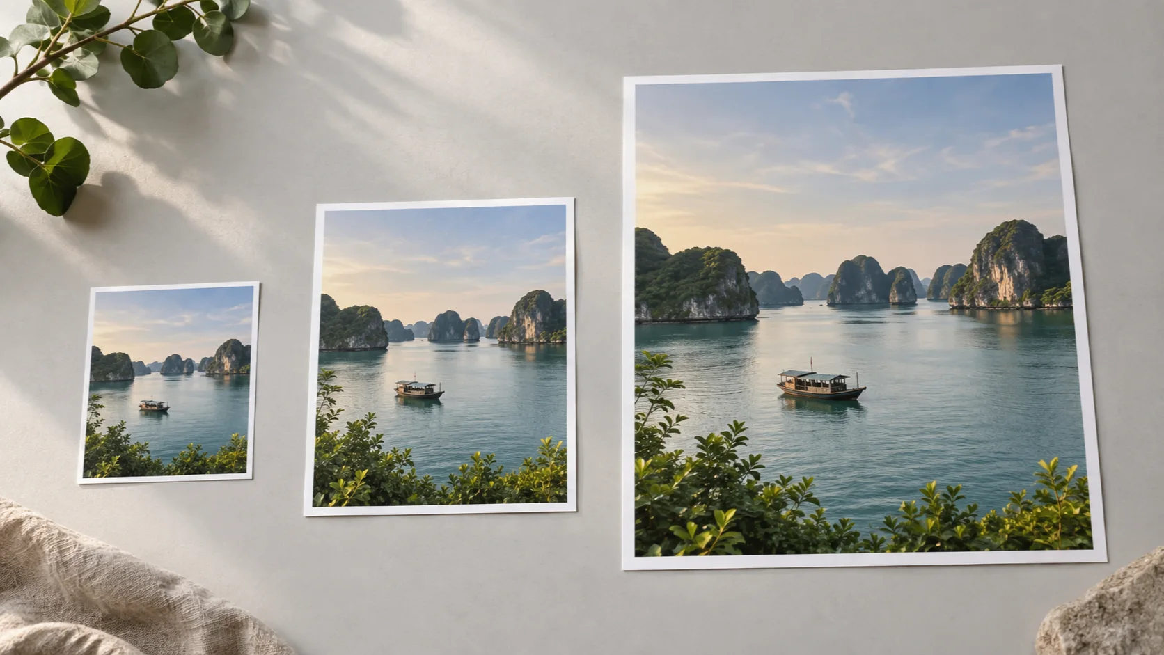 Ba bản in cùng một cảnh vịnh ở ba cỡ giấy khác nhau