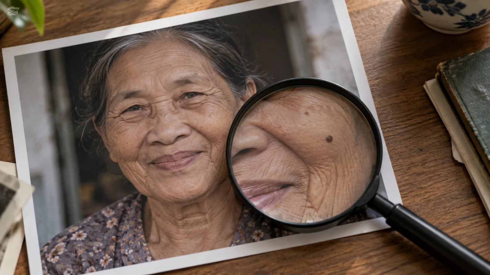 Ảnh chân dung người phụ nữ lớn tuổi được soi bằng kính phóng đại