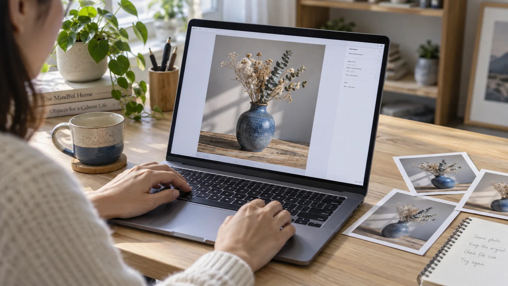 Người dùng mở ảnh bình gốm trong trình xem ảnh của laptop để kiểm tra thông tin tệp