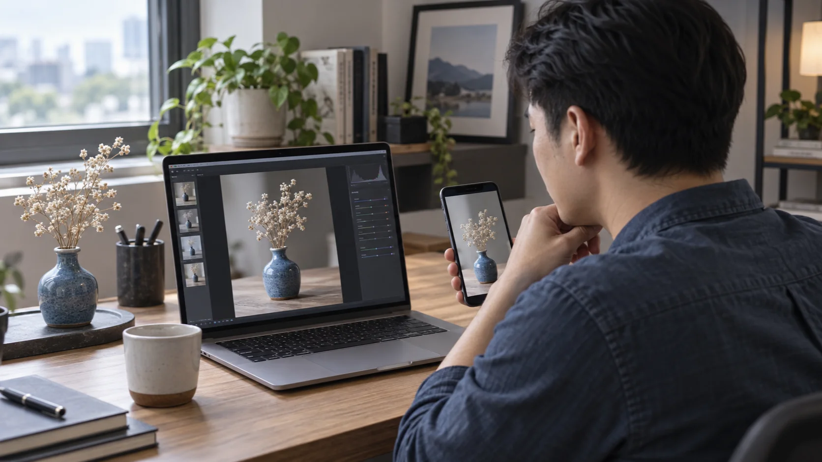 Người dùng so sánh ảnh bình hoa trên máy tính xách tay và điện thoại