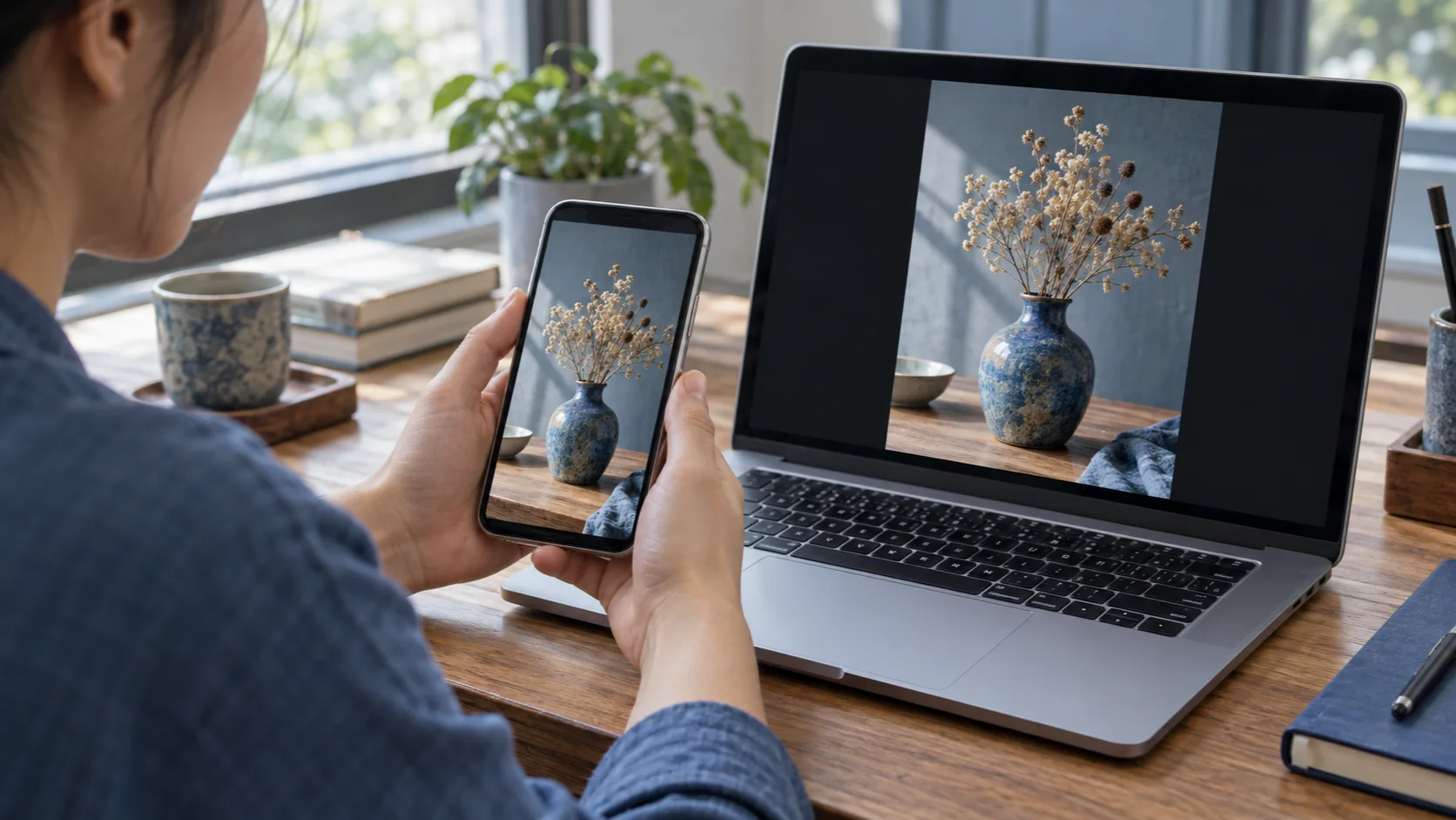 Người dùng mở ảnh bình hoa đã lưu trên điện thoại và đối chiếu với ảnh trên laptop