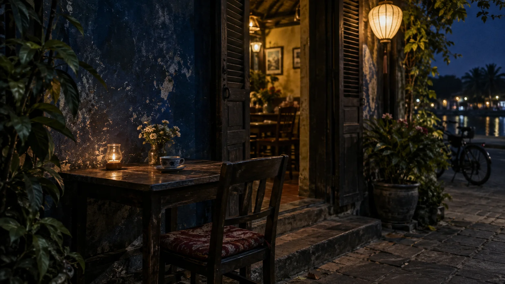 Quán nhỏ về đêm với bức tường cũ, bàn gỗ và chiếc đèn lồng