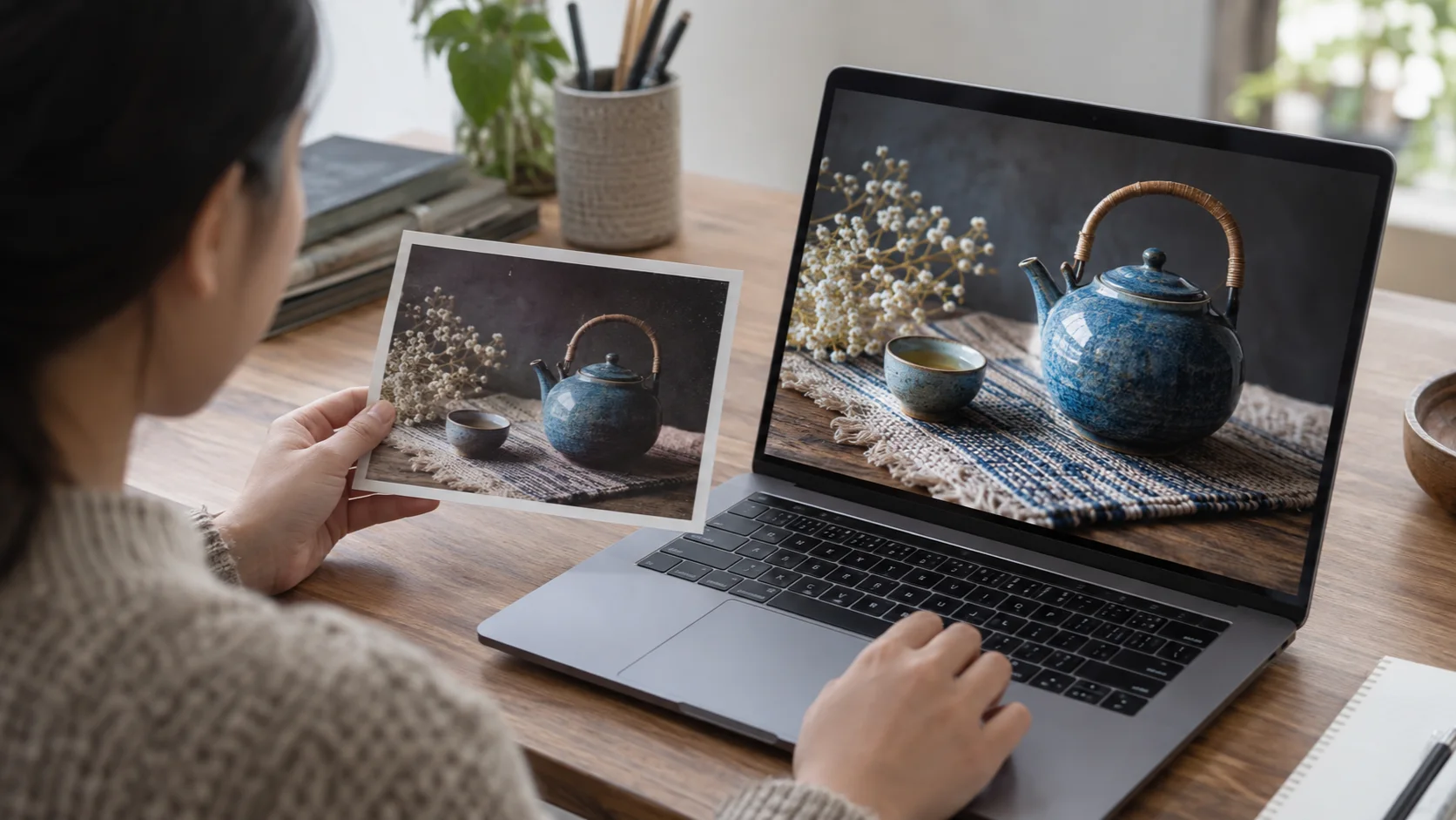 Người cầm ảnh in chiếc ấm trà xanh, bên cạnh là màn hình laptop hiện cùng bức ảnh