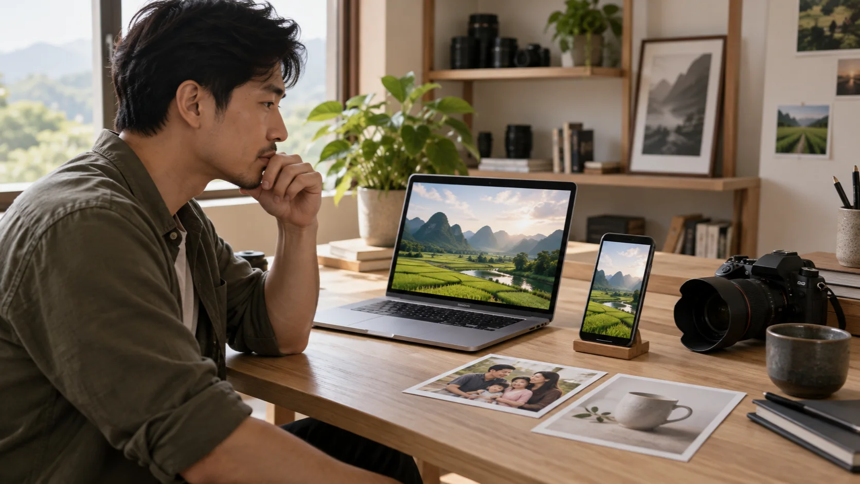 Người chụp ảnh xem cùng phong cảnh trên máy tính và điện thoại tại bàn làm việc