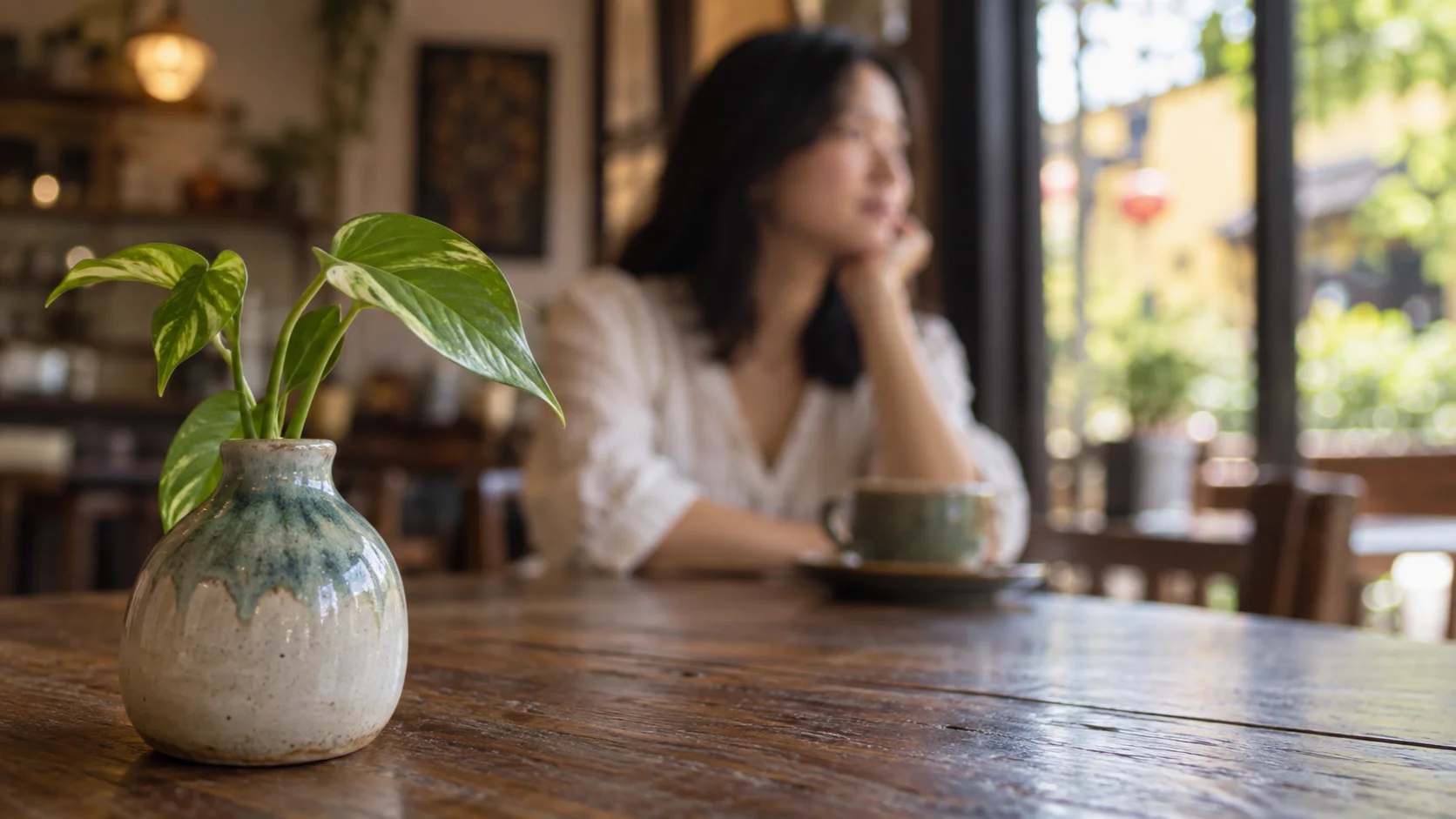 Bình cây phía trước rõ nét, người ngồi phía sau bị mờ