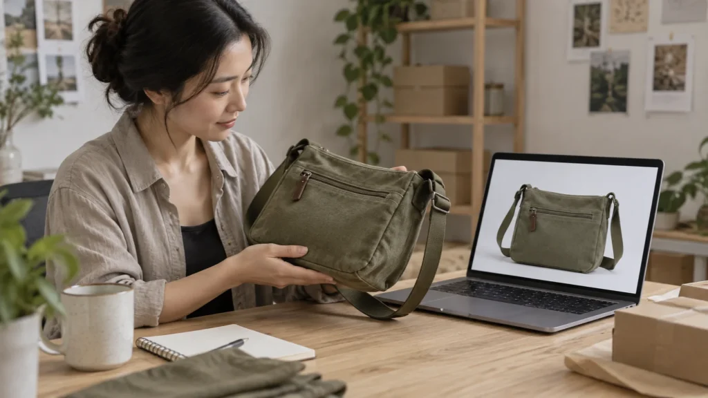 Người bán đặt túi vải xanh ô liu cạnh máy tính hiện ảnh chiếc túi