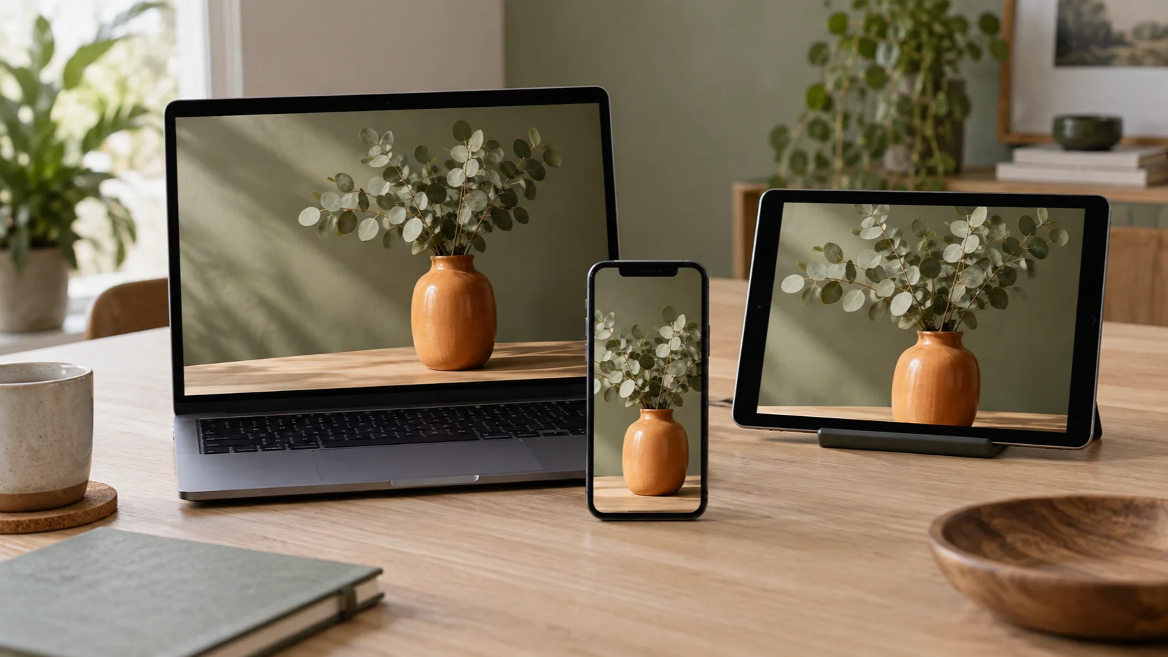 Laptop, điện thoại và máy tính bảng cùng hiện một bức ảnh bình hoa